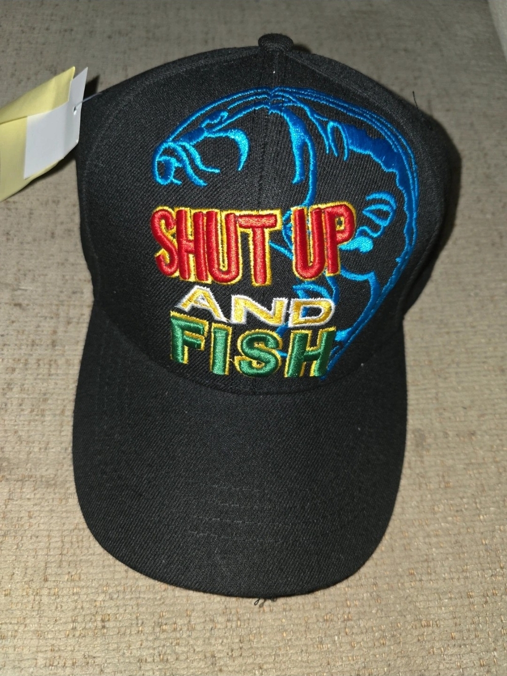 SHUT UP AND FISH Embroidered Black Baseball Cap - Colorful Text